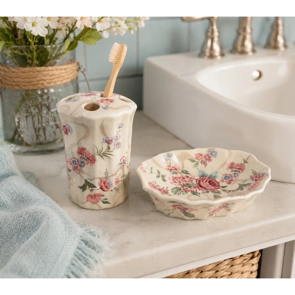 Vtg Floral Ceramic Bathroom Set Soap Dish Toothbrush Holder Japan Pink Rose